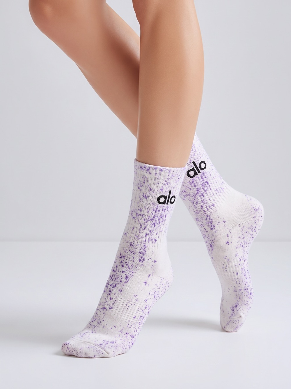 ALO Yoga White Crew Socks with Purple Speckle - Picture 2 of 6